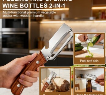 Ergonomic Wooden Handle Stainless Steel 2-in-1 Vegetable & Fruit Peeler with Built-in Bottle Opener