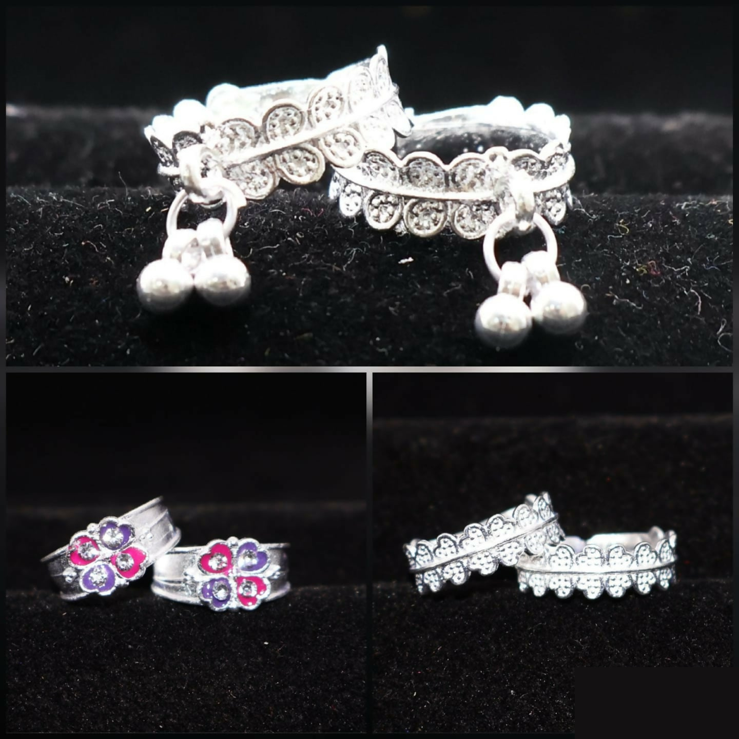 Ethnic Silver-Plated Adjustable Toe Ring Set with Bell Charms - Detailed Feature View 1