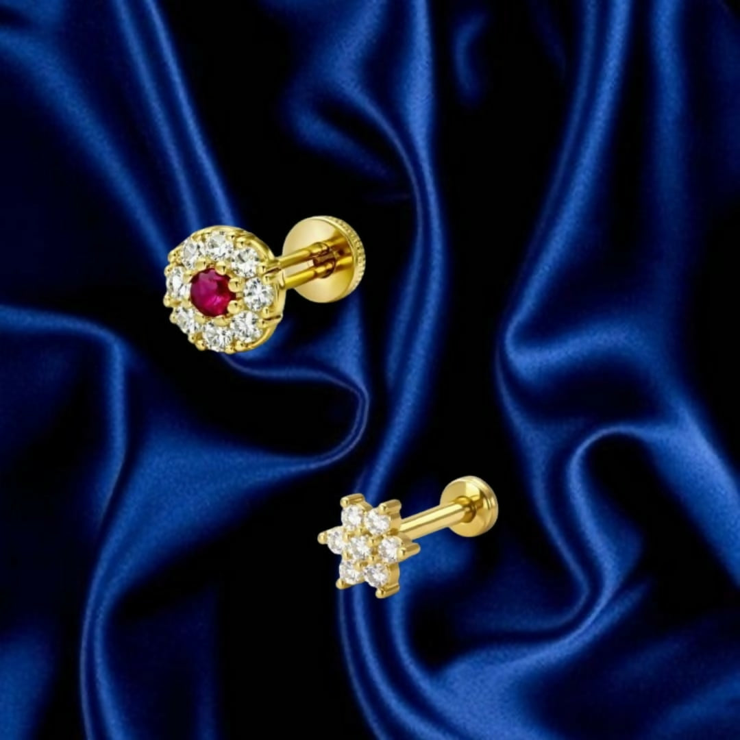 Premium Exquisite Floral Nose Stud Duo – Gold-Plated Crystal & Ruby Accents - Buy Online at Alikart