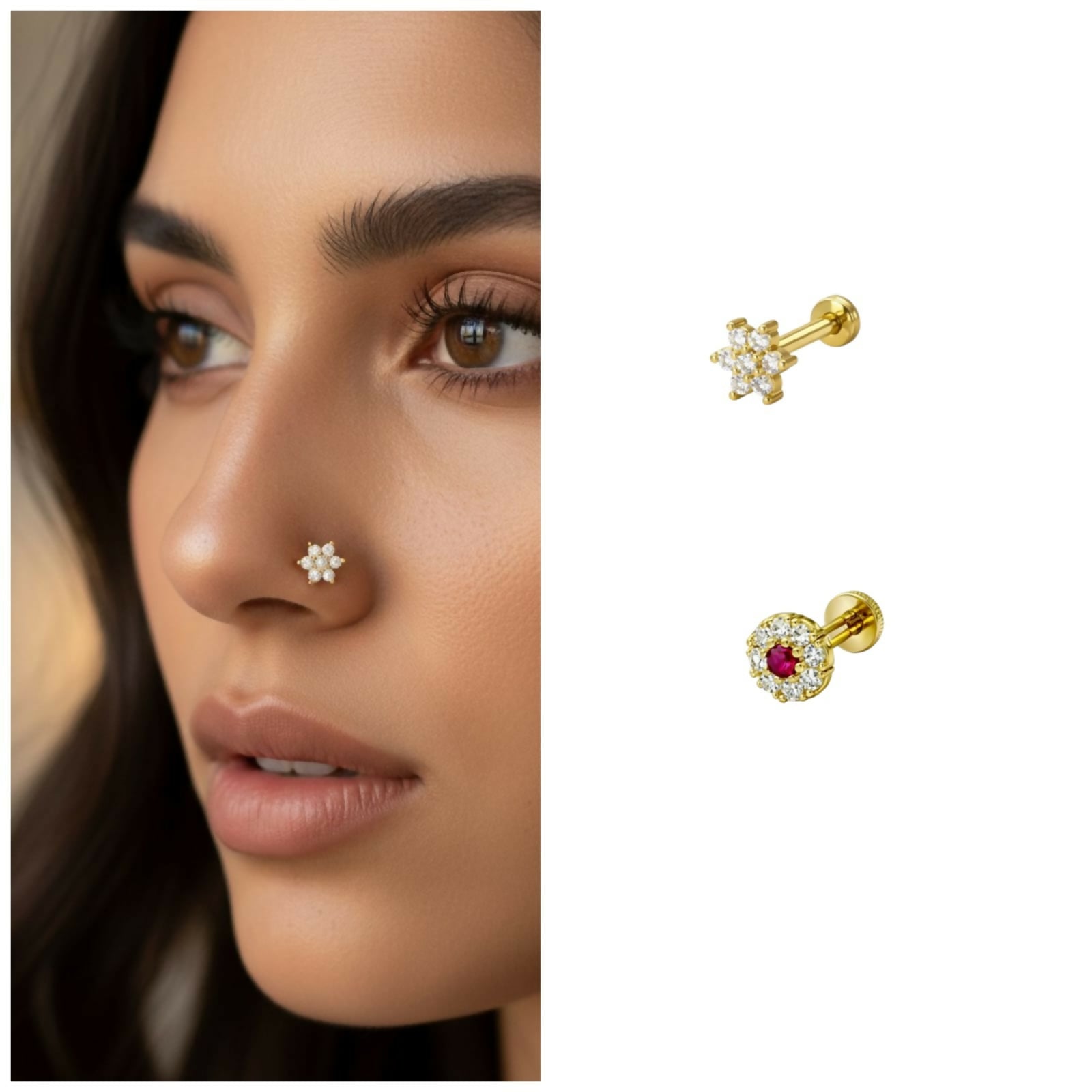 Exquisite Floral Nose Stud Duo – Gold-Plated Crystal & Ruby Accents - Detailed Feature View 1