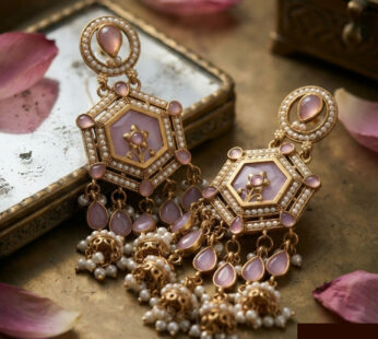 Exquisite Gold-Finished Pink Stone Jhumka Earrings with Pearl Accents