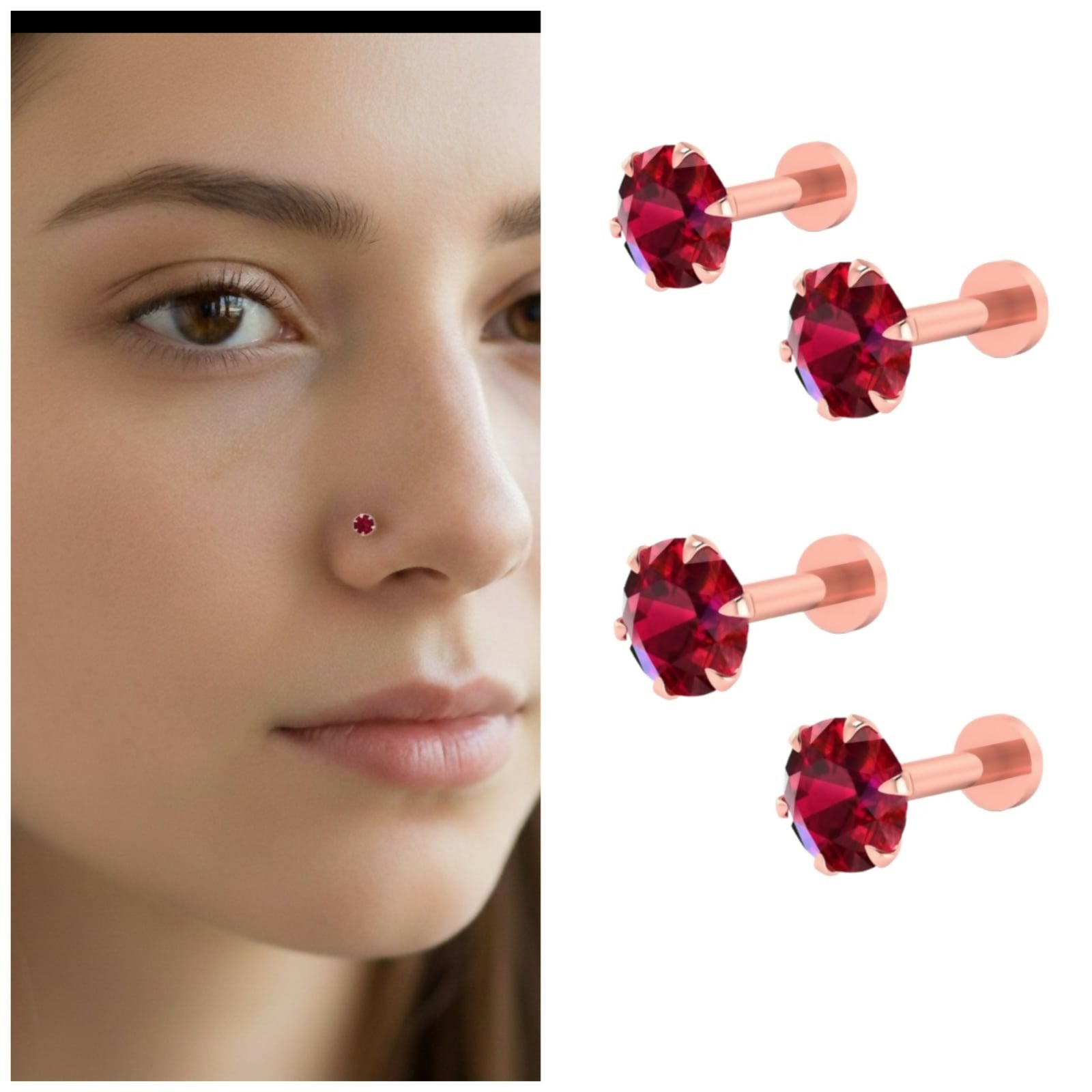Premium Exquisite Rose Gold Ruby Red Nose Stud Set - 4 Piece Combo - Buy Online at Alikart