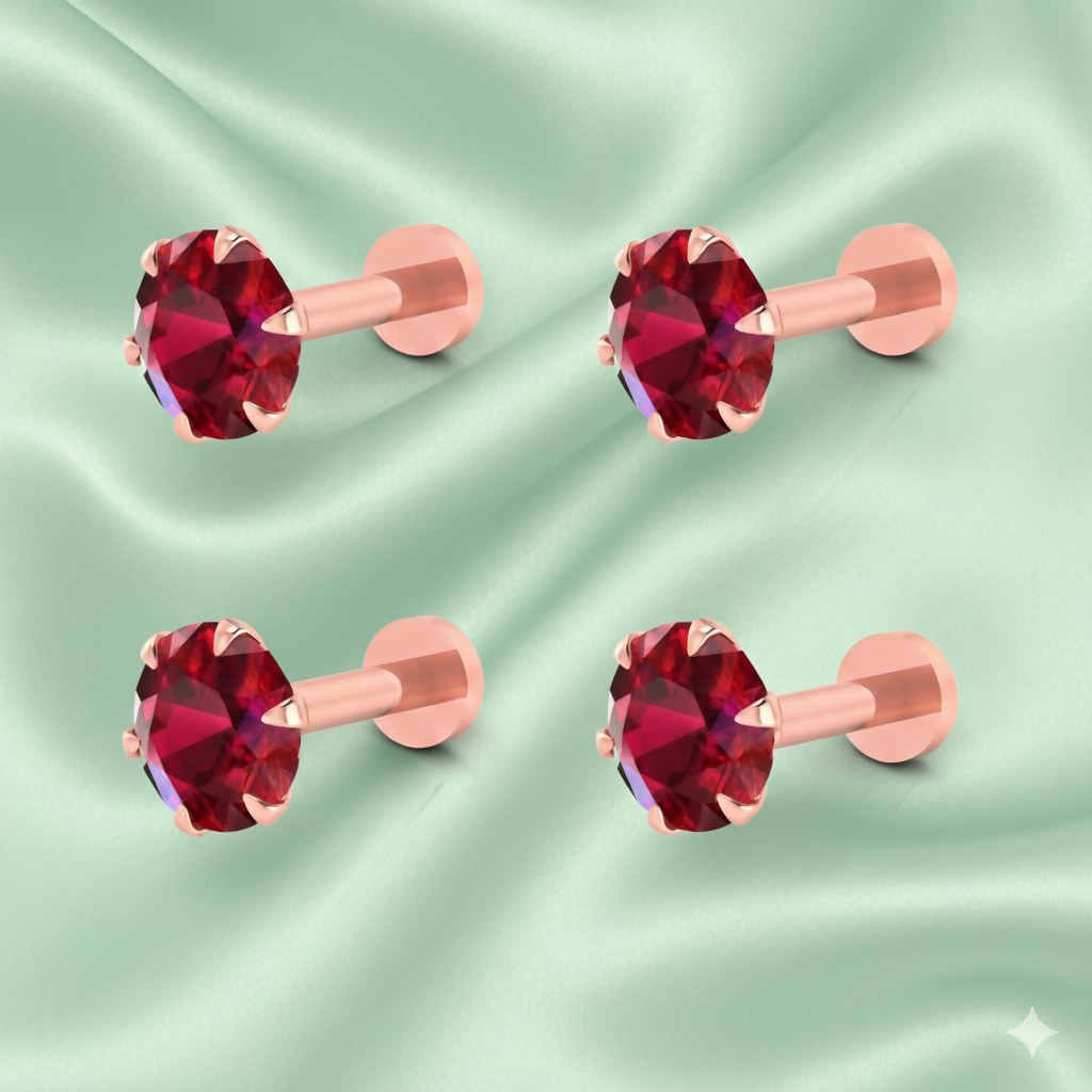 Exquisite Rose Gold Ruby Red Nose Stud Set - 4 Piece Combo - Detailed Feature View 1