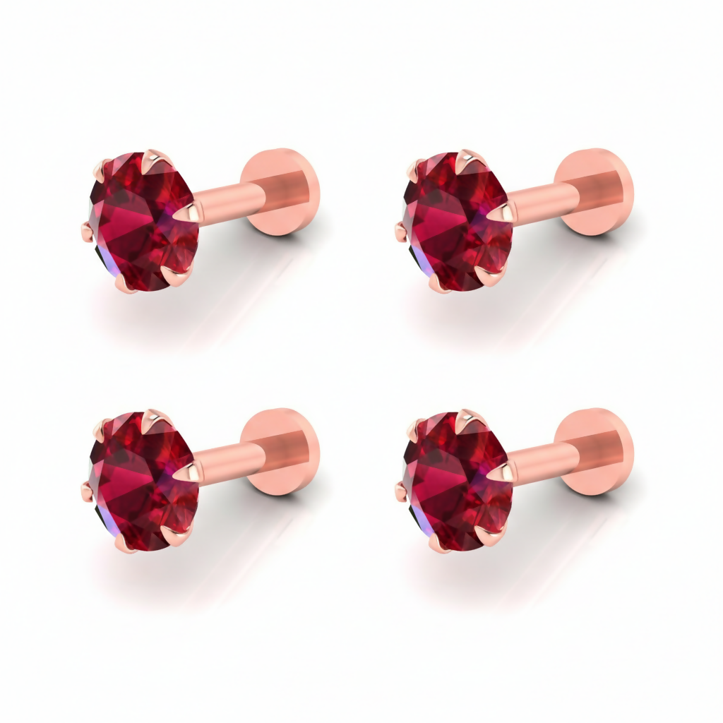 Exquisite Rose Gold Ruby Red Nose Stud Set - 4 Piece Combo - Detailed Feature View 2
