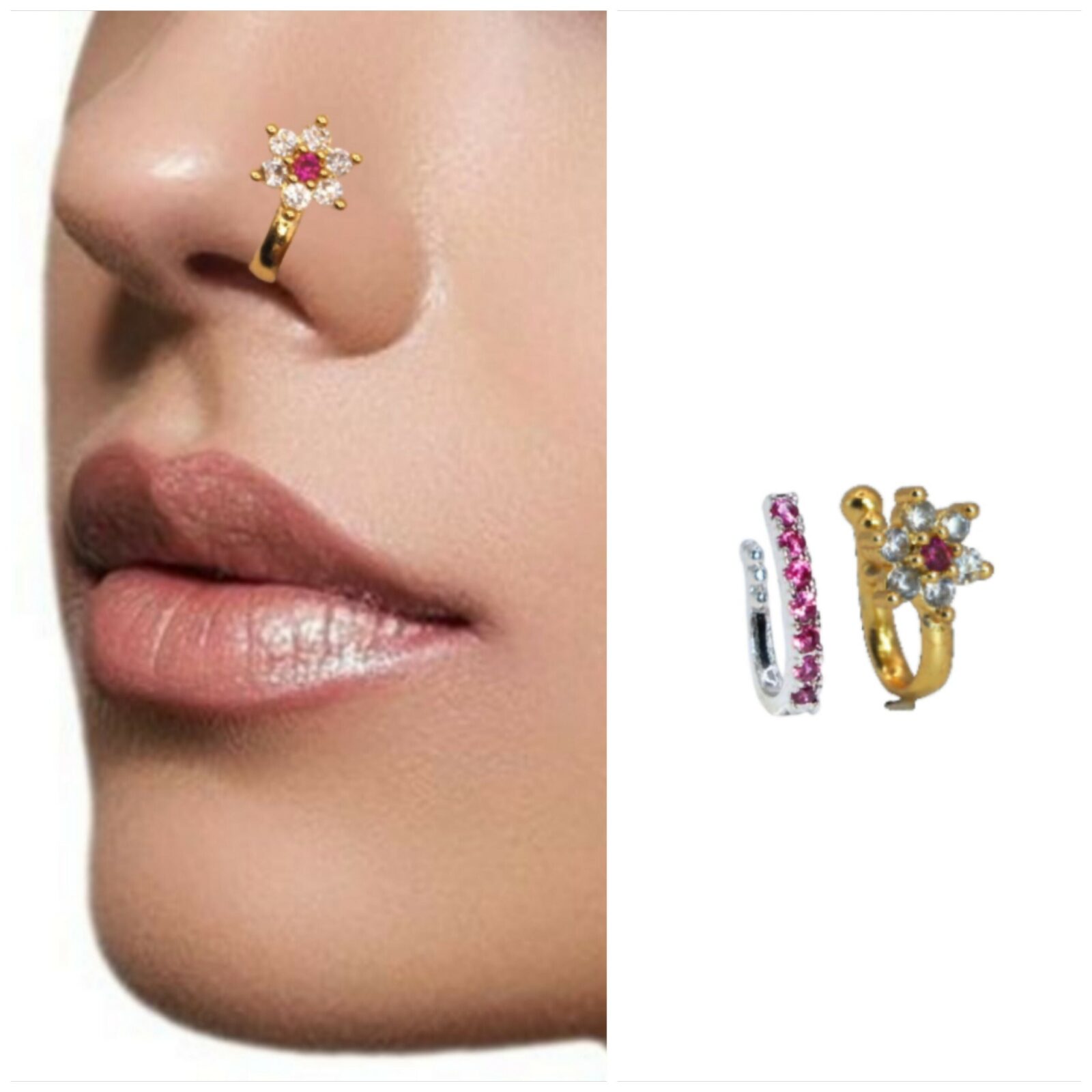 Premium Exquisite Ruby Floral Gold-Tone Nose Ring Set – Pack of 2 - Buy Online at Alikart