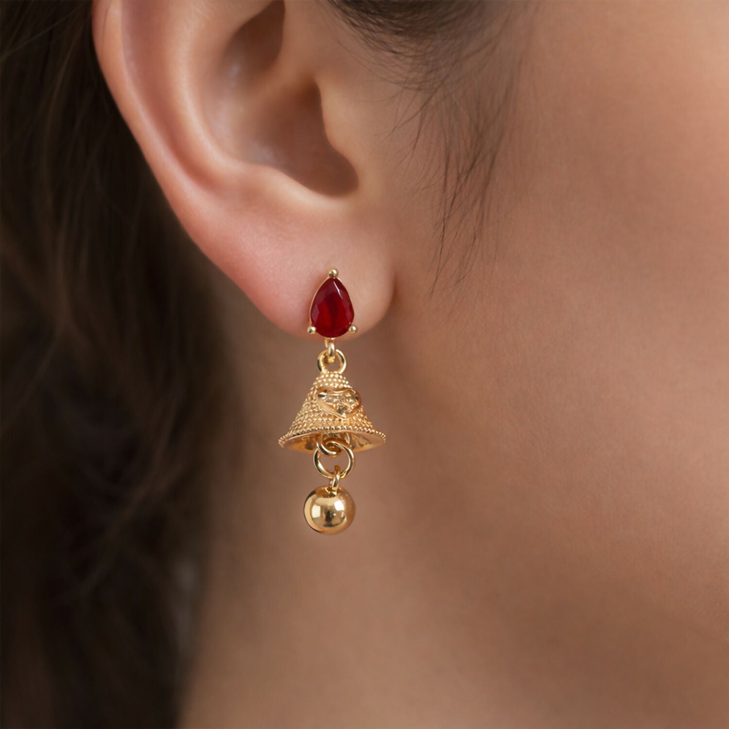 Exquisite Ruby Teardrop Jhumka Earrings with Textured Gold Bell Accents - Detailed Feature View 1