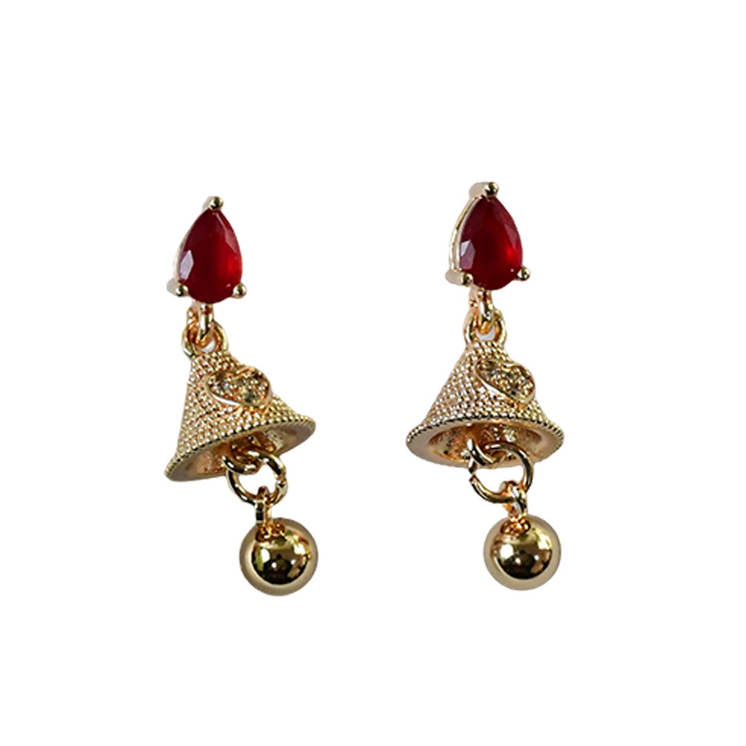 Exquisite Ruby Teardrop Jhumka Earrings with Textured Gold Bell Accents - Detailed Feature View 4