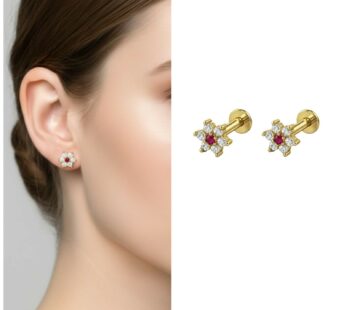 Floral Ruby and Diamond-Accented Gold Plated Stud Earrings
