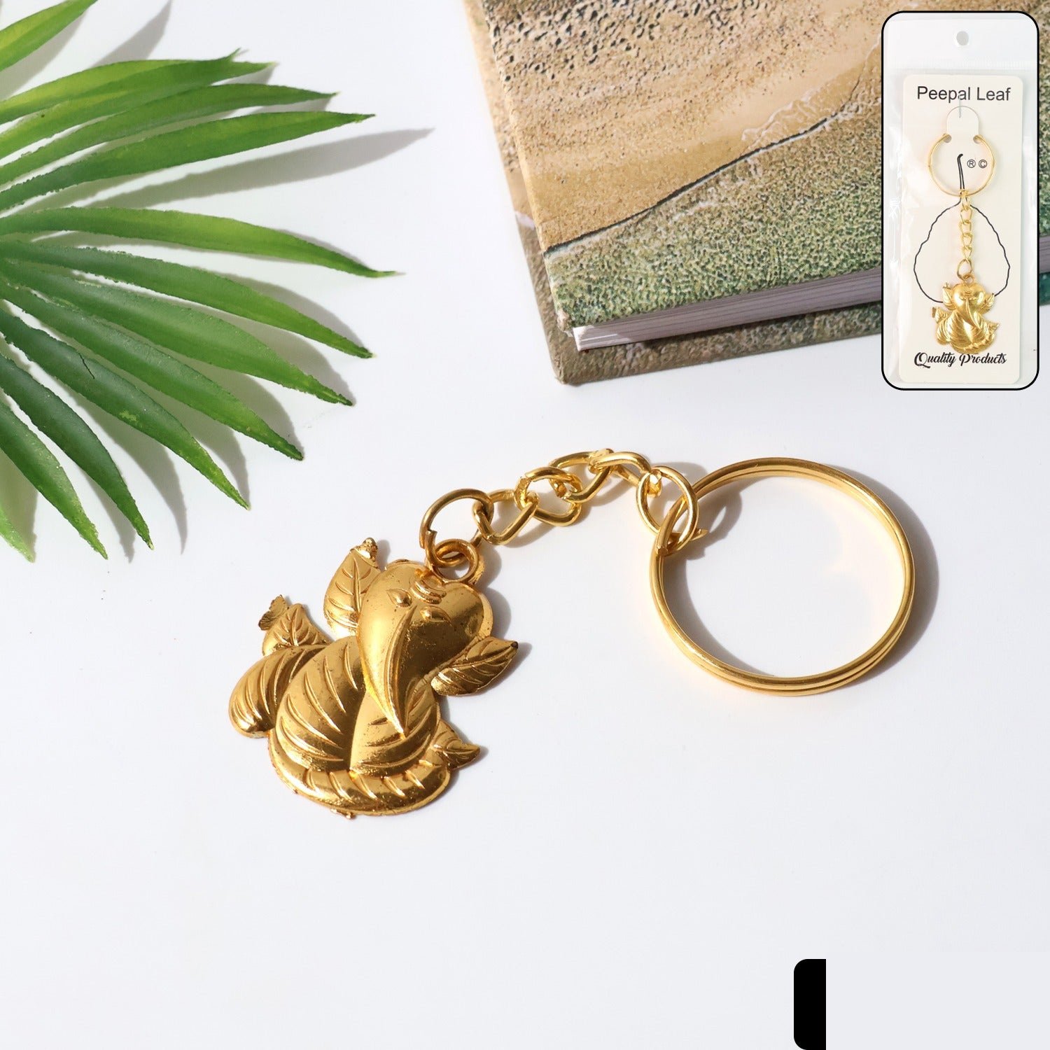 Ganesh Keychain – Durable Golden Leaf Design Accessory - Detailed Feature View 1