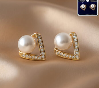 Geometric Pearl & Cubic Zirconia Triangle Stud Earrings