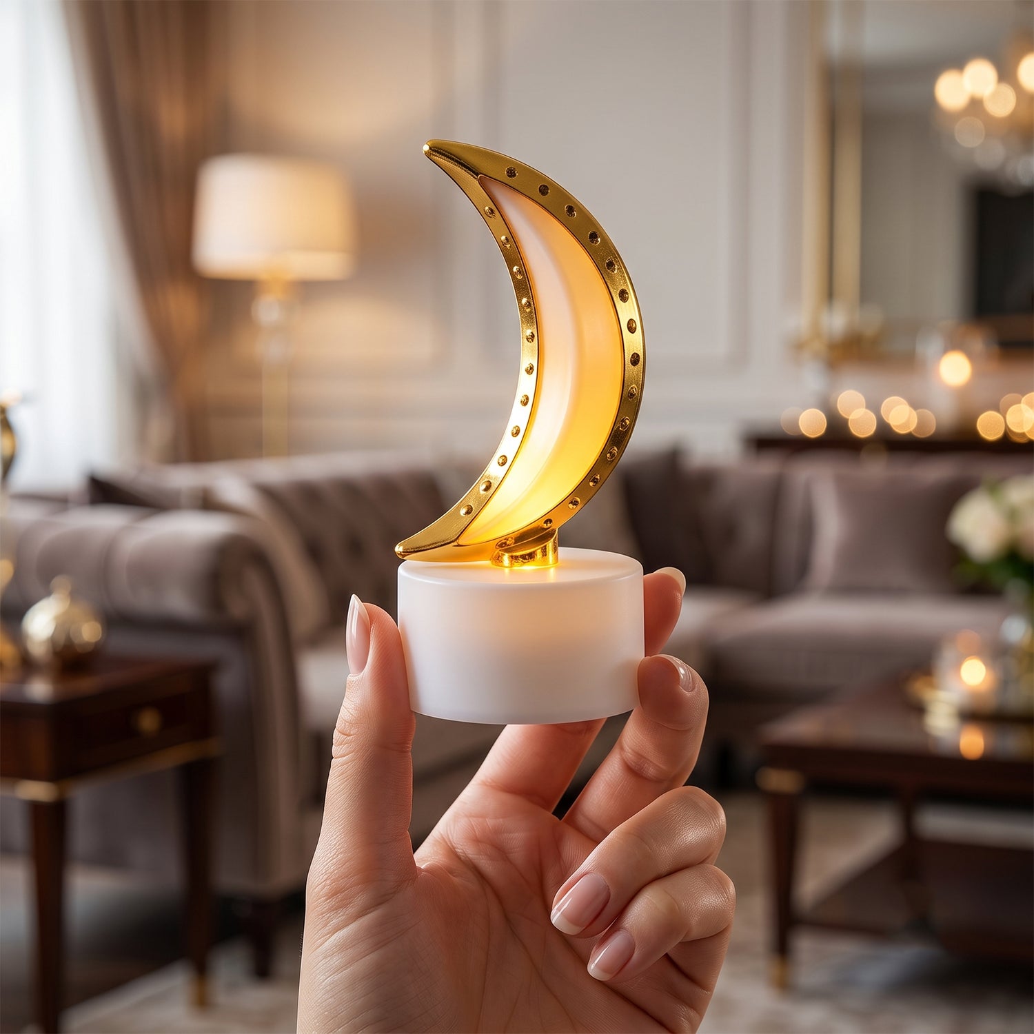 Gilded Crescent Moon LED Flameless Tealight Candles - Set of 12 Warm Glow Lights - Detailed Feature View 1
