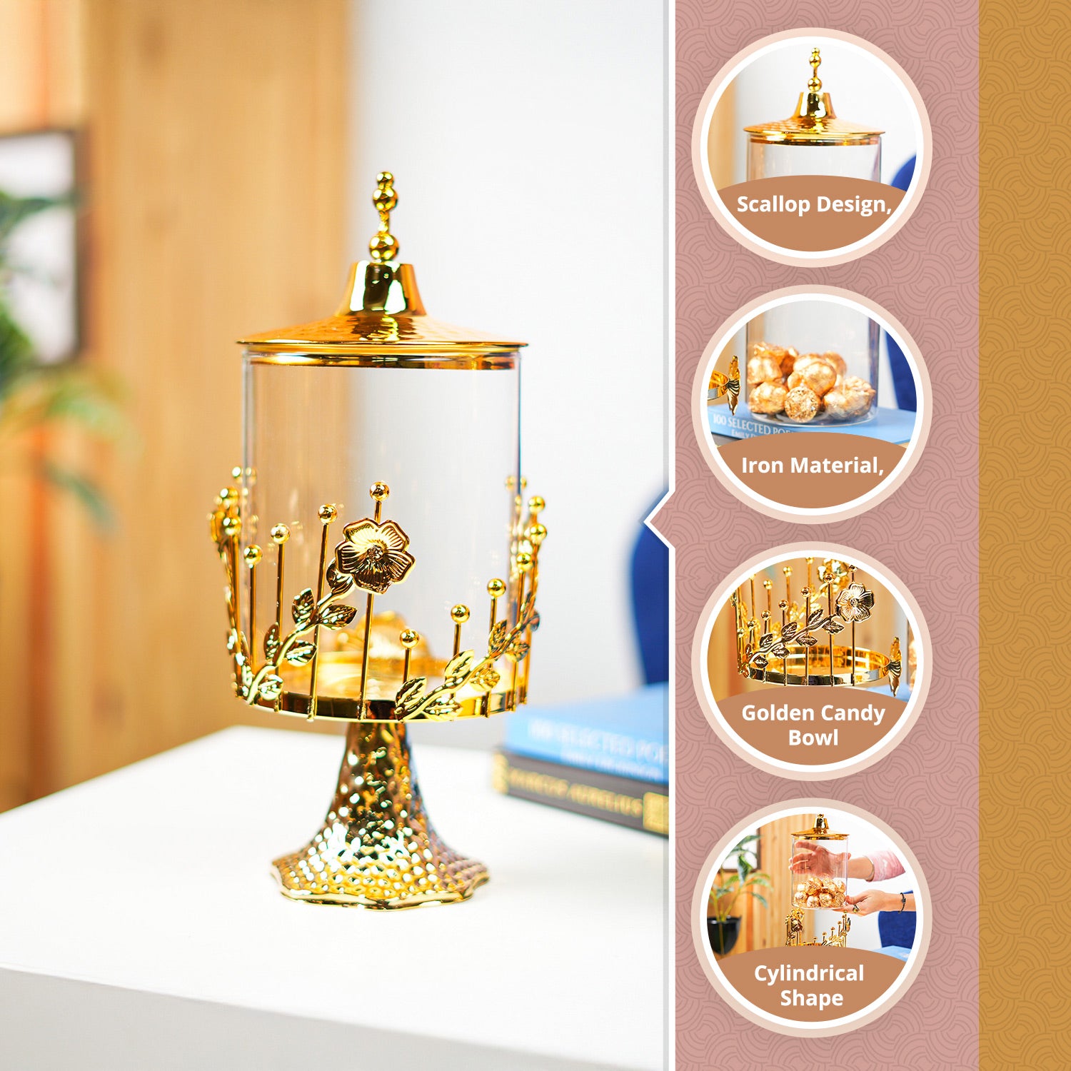 Glossy Golden Iron Candy Bowl (14.5 x 30.5cm) - Detailed Feature View 1