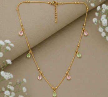 Gold Beaded Chain Pastel Teardrop Charm Necklace Pink Green CZ Drops for Women