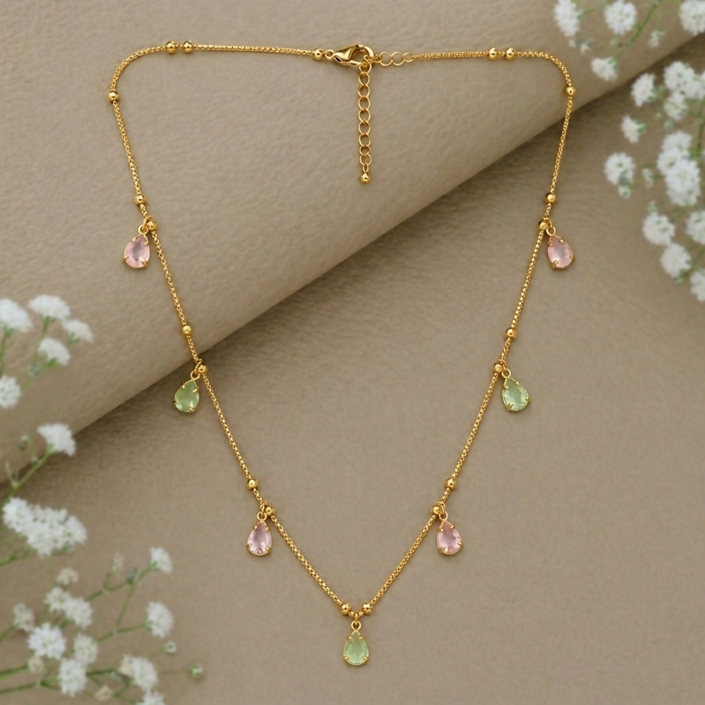Premium Gold Beaded Chain Pastel Teardrop Charm Necklace Pink Green CZ Drops for Women - Buy Online at Alikart