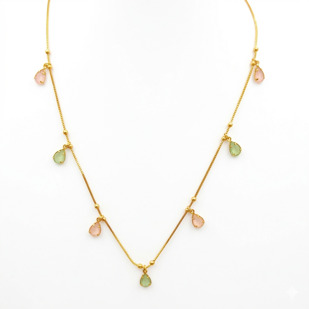 Gold Beaded Chain Pastel Teardrop Charm Necklace Pink Green CZ Drops for Women - Detailed Feature View 2