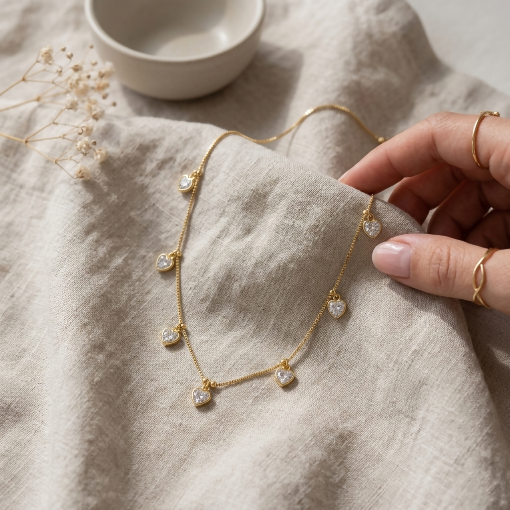 Premium Gold Necklace with Heart-Shaped Clear Gemstone Pendants for Elegant Style - Buy Online at Alikart