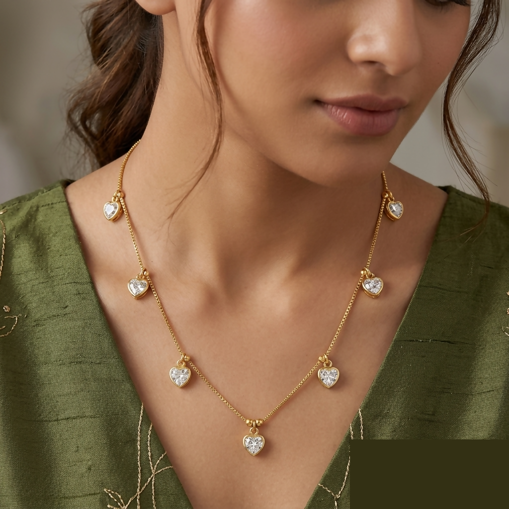 Gold Necklace with Heart-Shaped Clear Gemstone Pendants for Elegant Style - Detailed Feature View 1