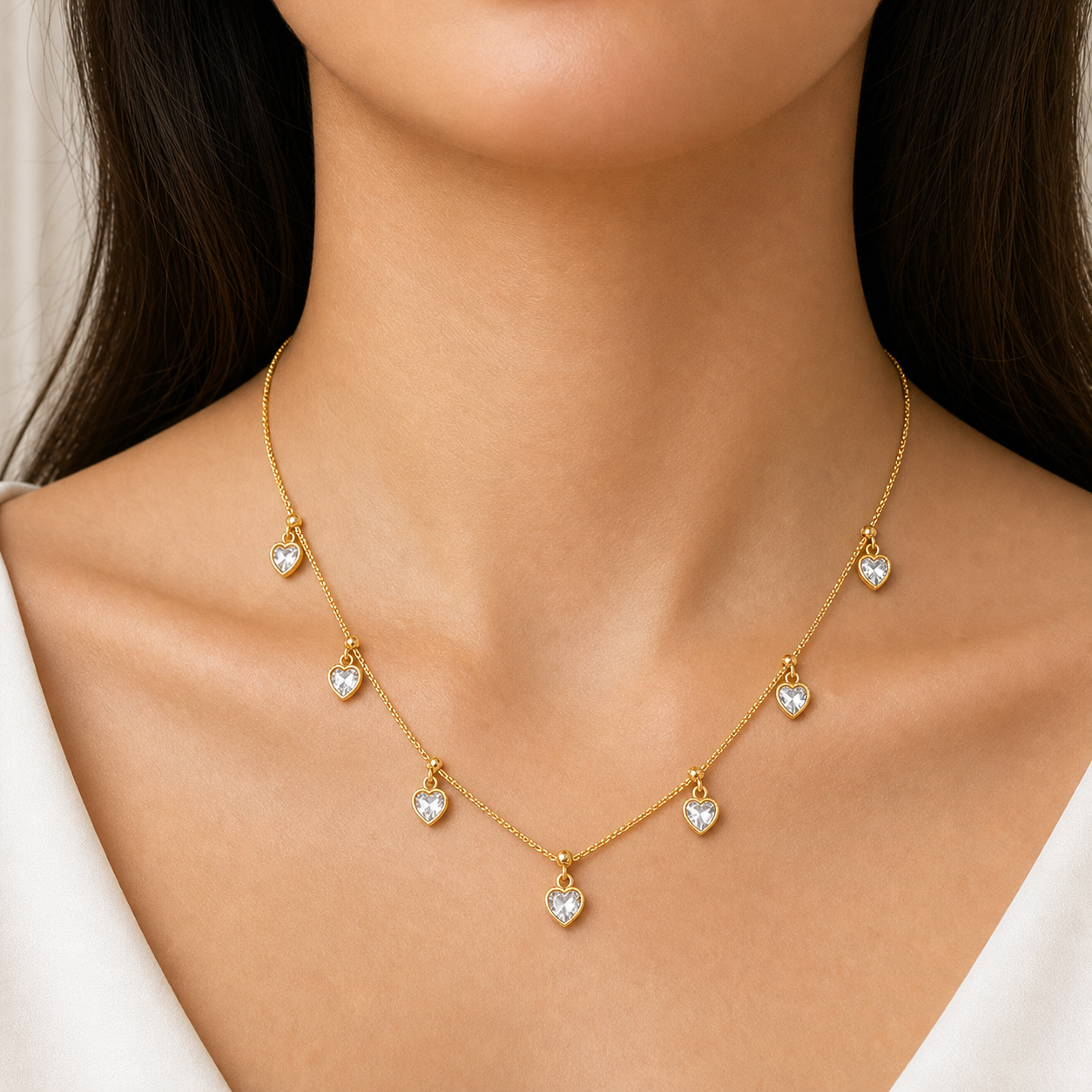 Gold Necklace with Heart-Shaped Clear Gemstone Pendants for Elegant Style - Detailed Feature View 3