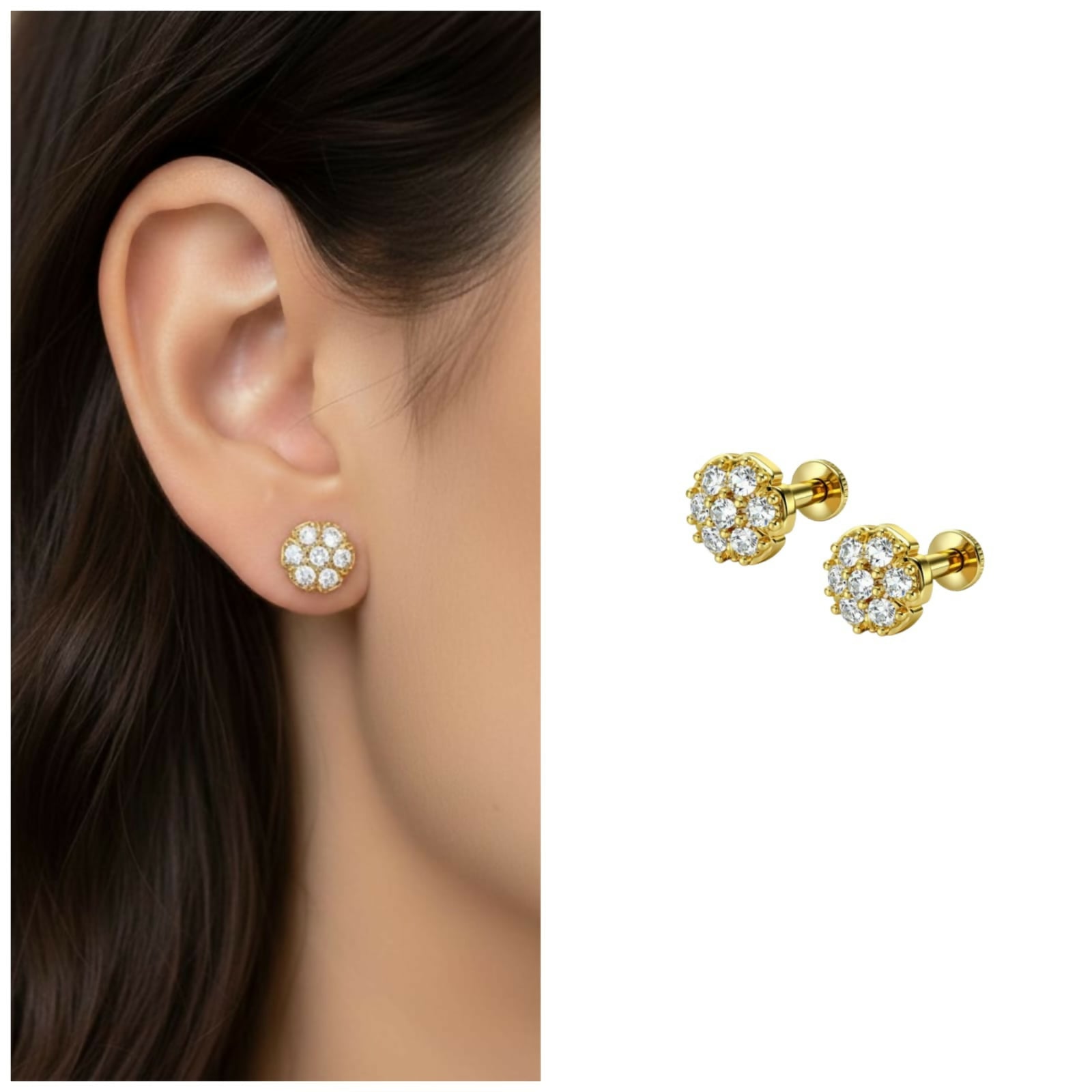 Gold Plated Cluster Flat Back Stud Earrings – Comfortable Daily Wear - Detailed Feature View 1