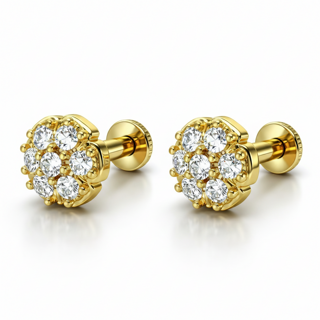 Gold Plated Cluster Flat Back Stud Earrings – Comfortable Daily Wear - Detailed Feature View 4