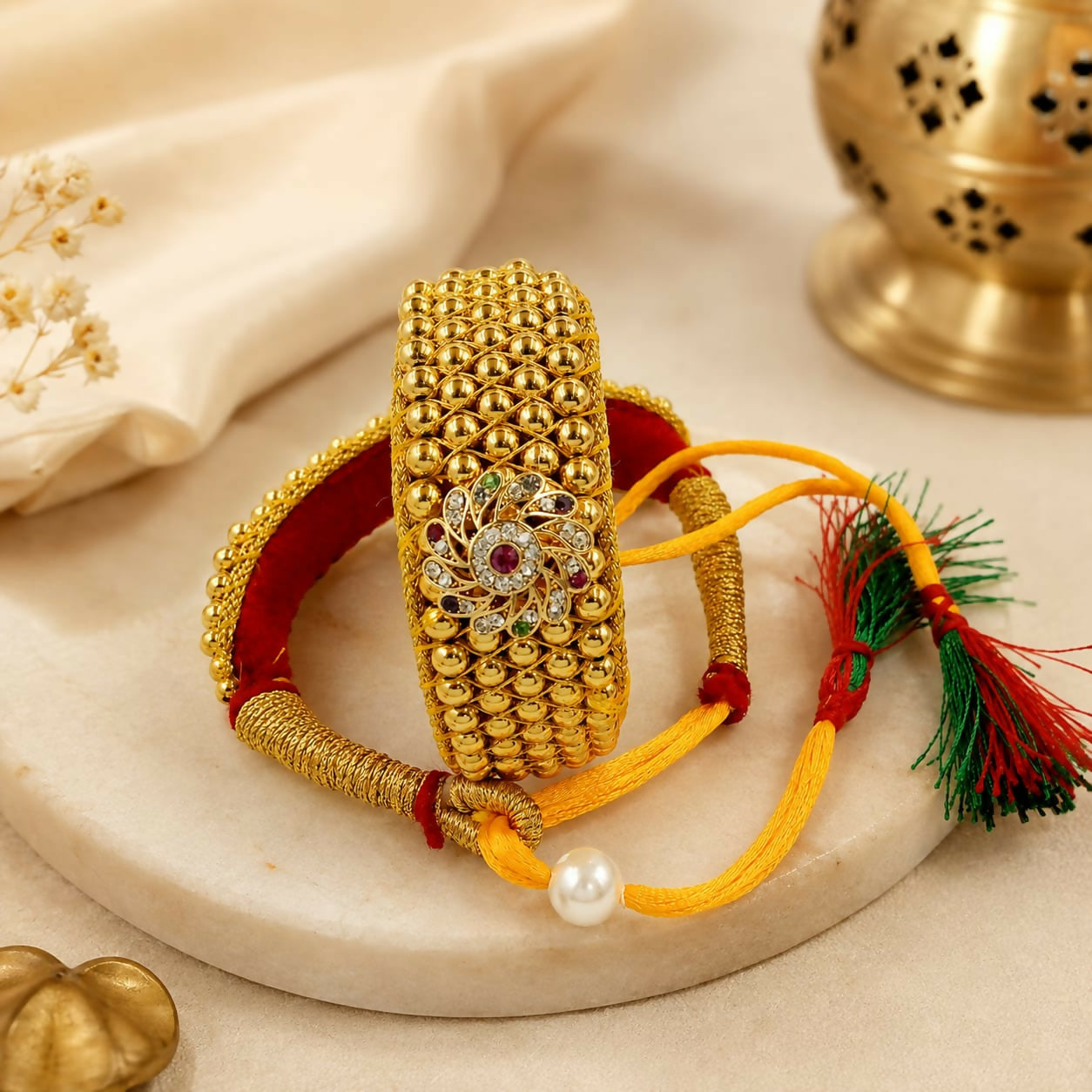 Premium Gold Plated Designer Bracelet with Colorful Stones & Pearl for Brother - Buy Online at Alikart