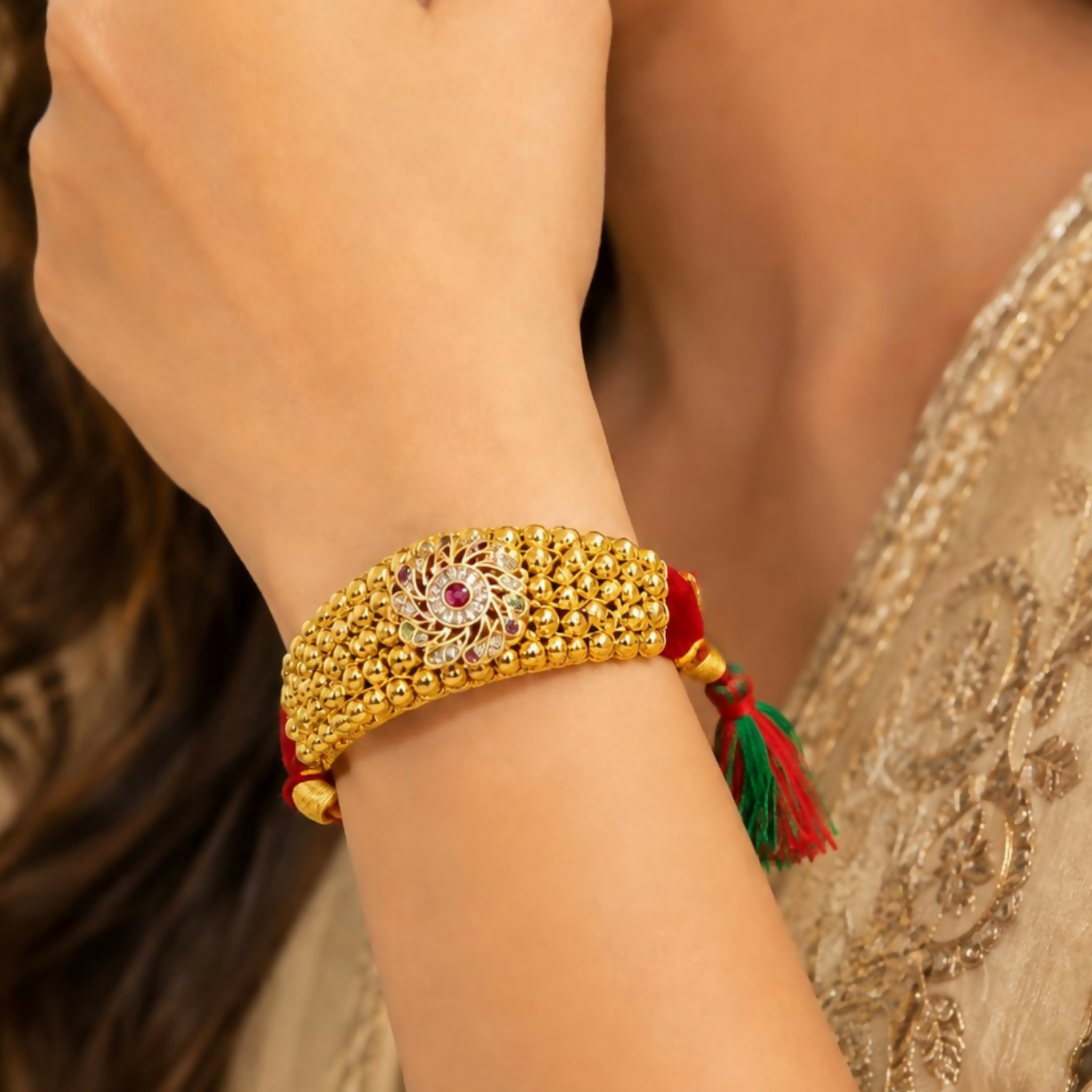 Gold Plated Designer Bracelet with Colorful Stones & Pearl for Brother - Detailed Feature View 2