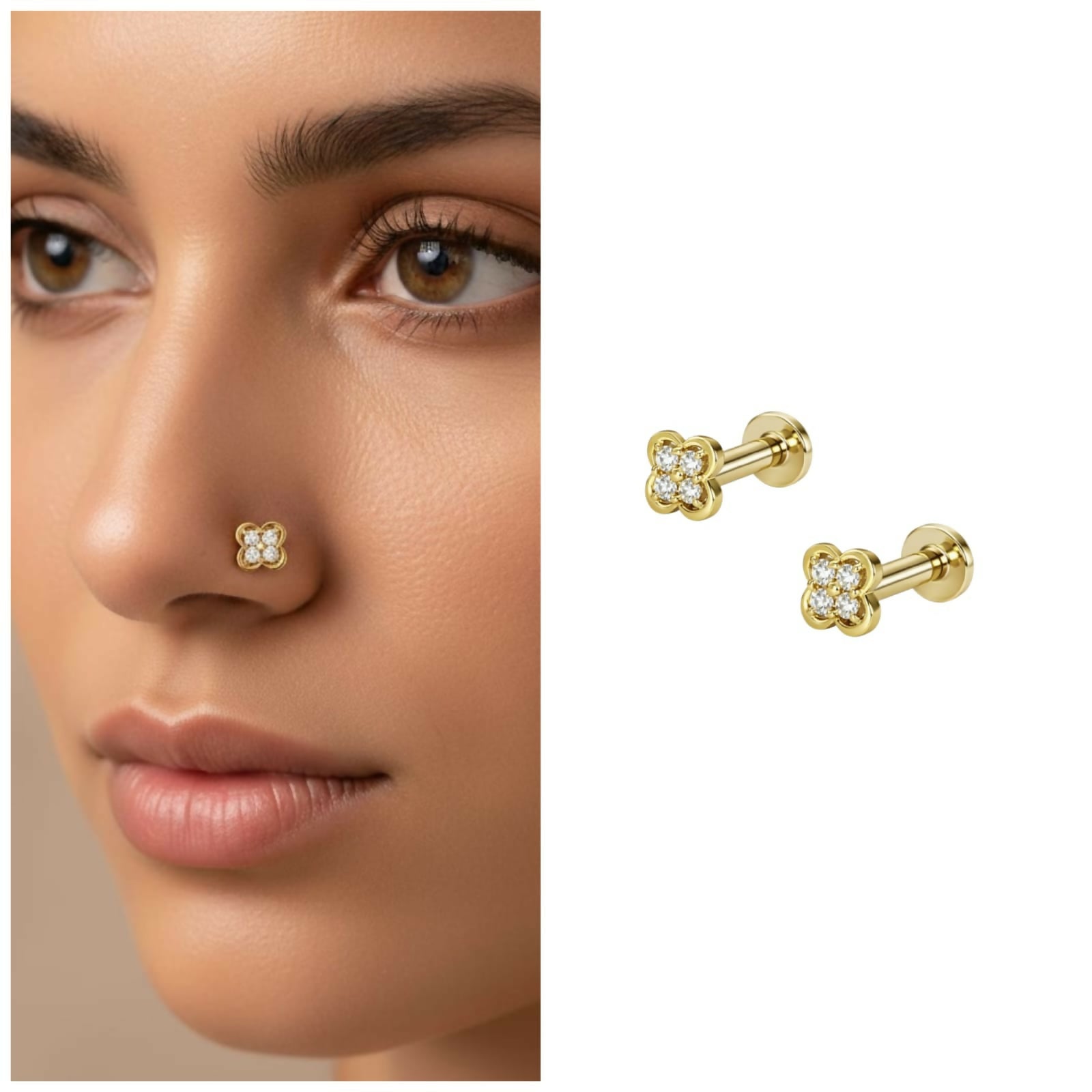 Premium Gold Plated Floral AD Nosepin Studs – Combo Pack of 2 Elegant Designs - Buy Online at Alikart