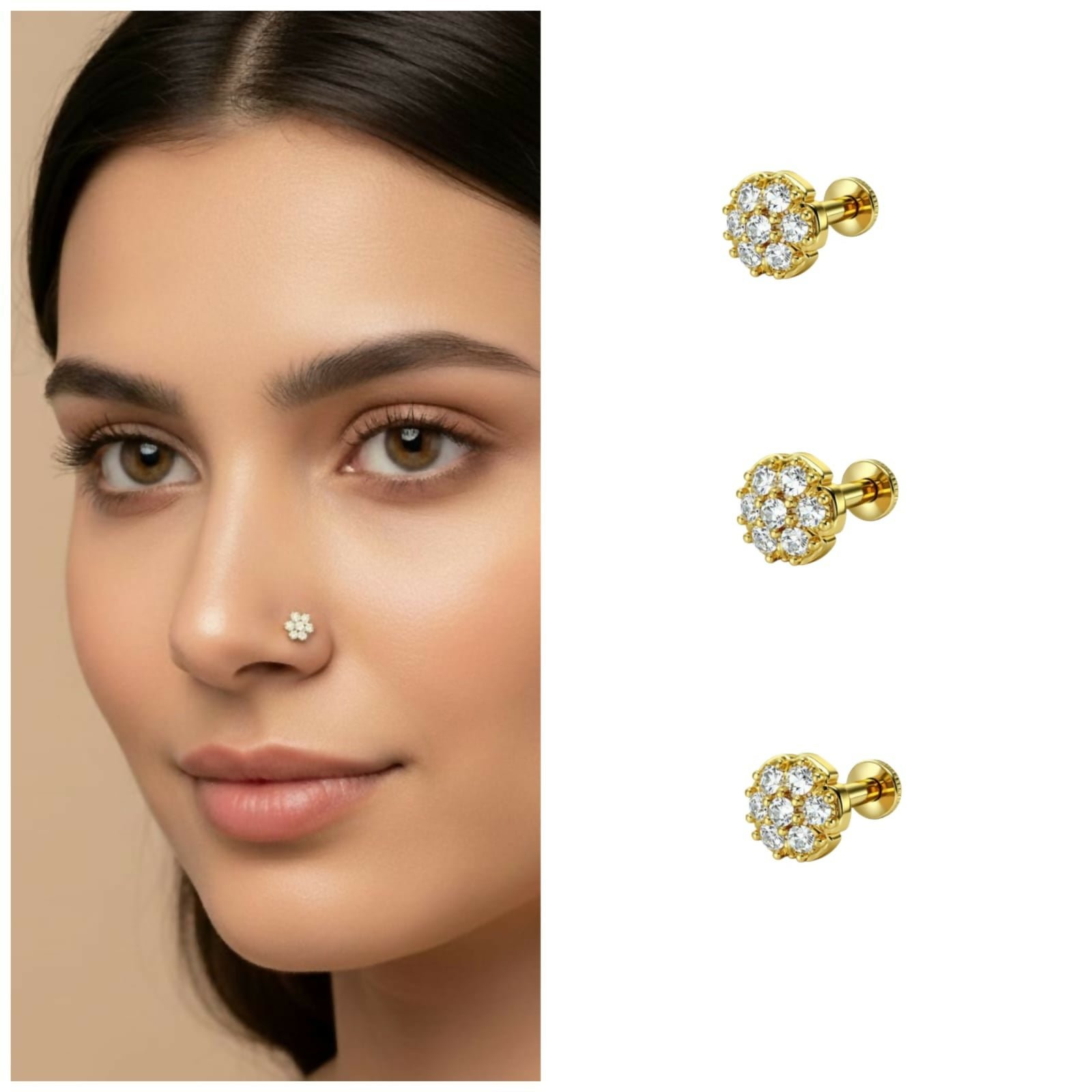 Premium Gold Plated Floral Crystal Nosepin Stud – Elegant Cluster Design - Buy Online at Alikart