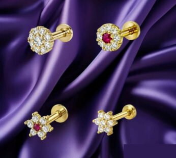 Gold Plated Floral Nosepin Stud Set – Elegant Ruby & Diamond Combo