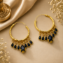 Premium Gold-Plated Hammered Hoop Earrings with Jet Black Teardrop Crystal Chandelier Fringe - Buy Online at Alikart