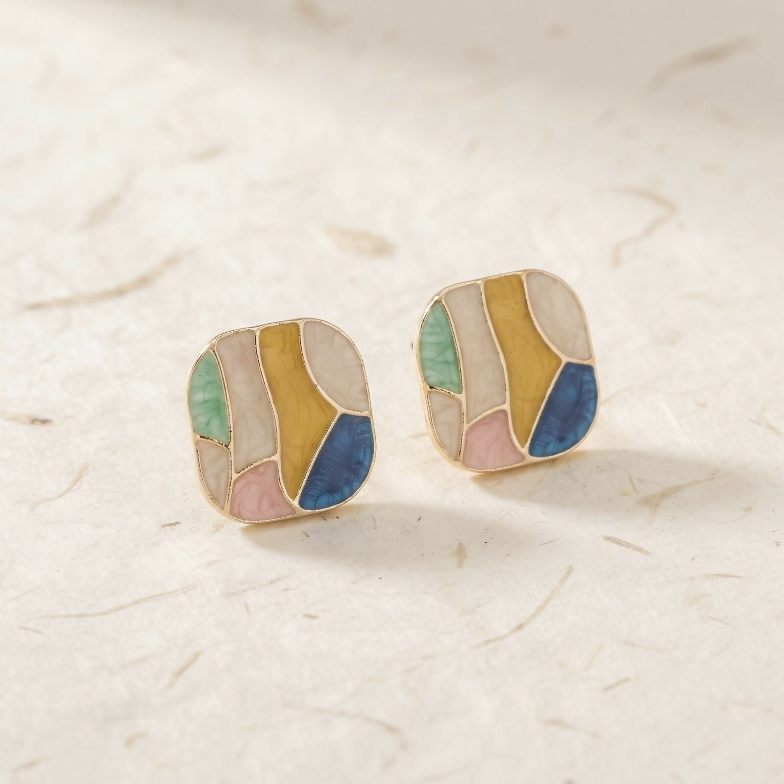 Premium Gold-Plated Multicolor Enamel Square Stud Earrings with Abstract Geometric Pattern - Buy Online at Alikart