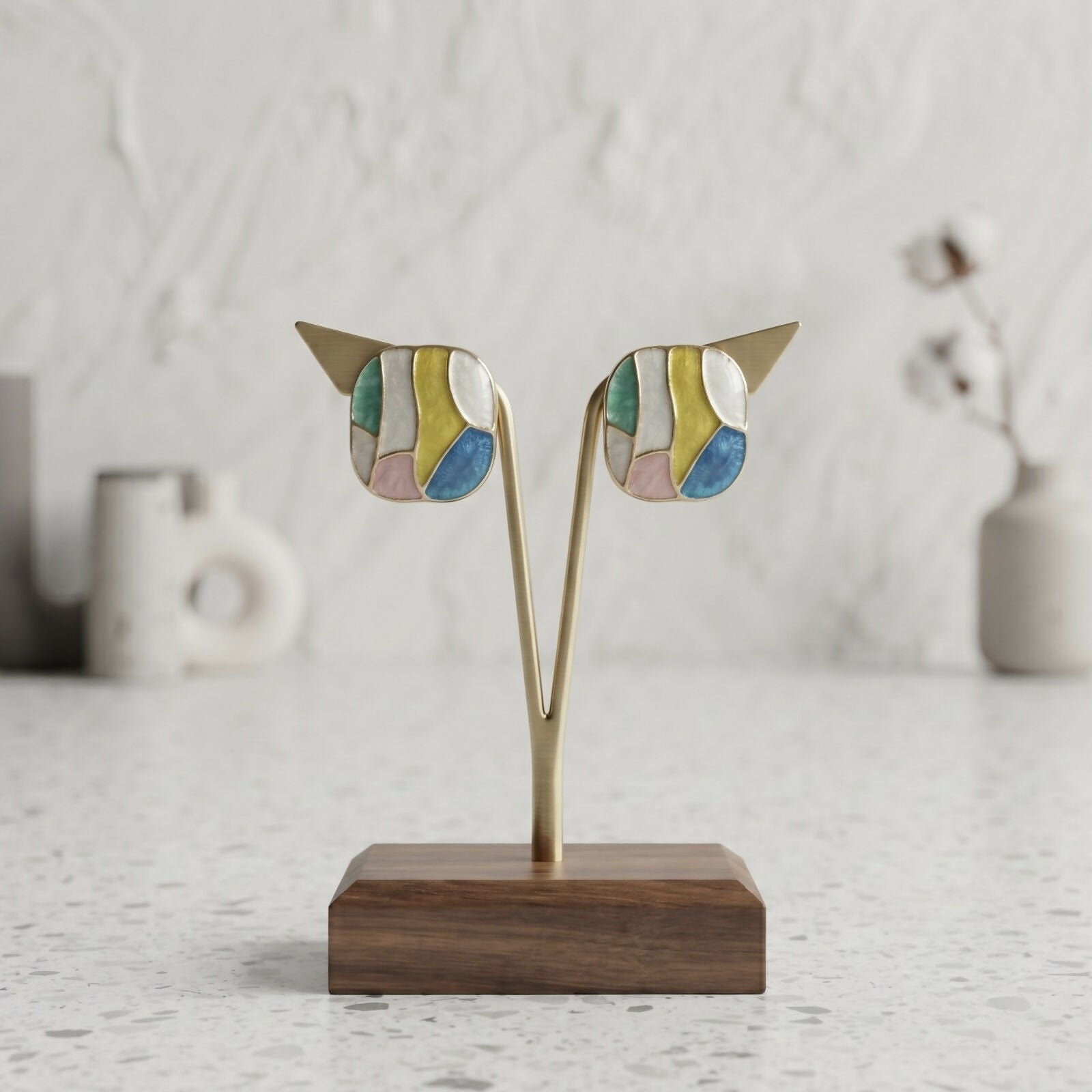 Gold-Plated Multicolor Enamel Square Stud Earrings with Abstract Geometric Pattern - Detailed Feature View 1