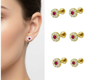 Gold Ruby Halo Stud Earrings – Set of 3 Elegant Pairs