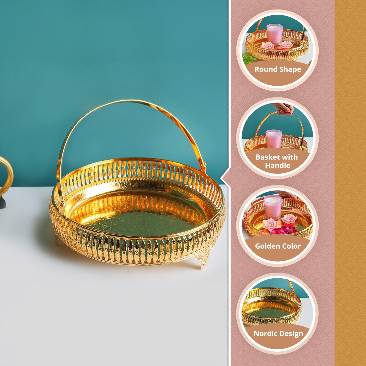 Golden Round Nordic Basket With Handle - Detailed Feature View 1