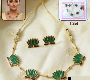Green Lotus Necklace with Adjustable Thread & Stud Earrings Set