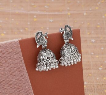 Handcrafted Oxidised Silver Peacock Jhumka Earrings – Traditional Ethnic Jewelry
