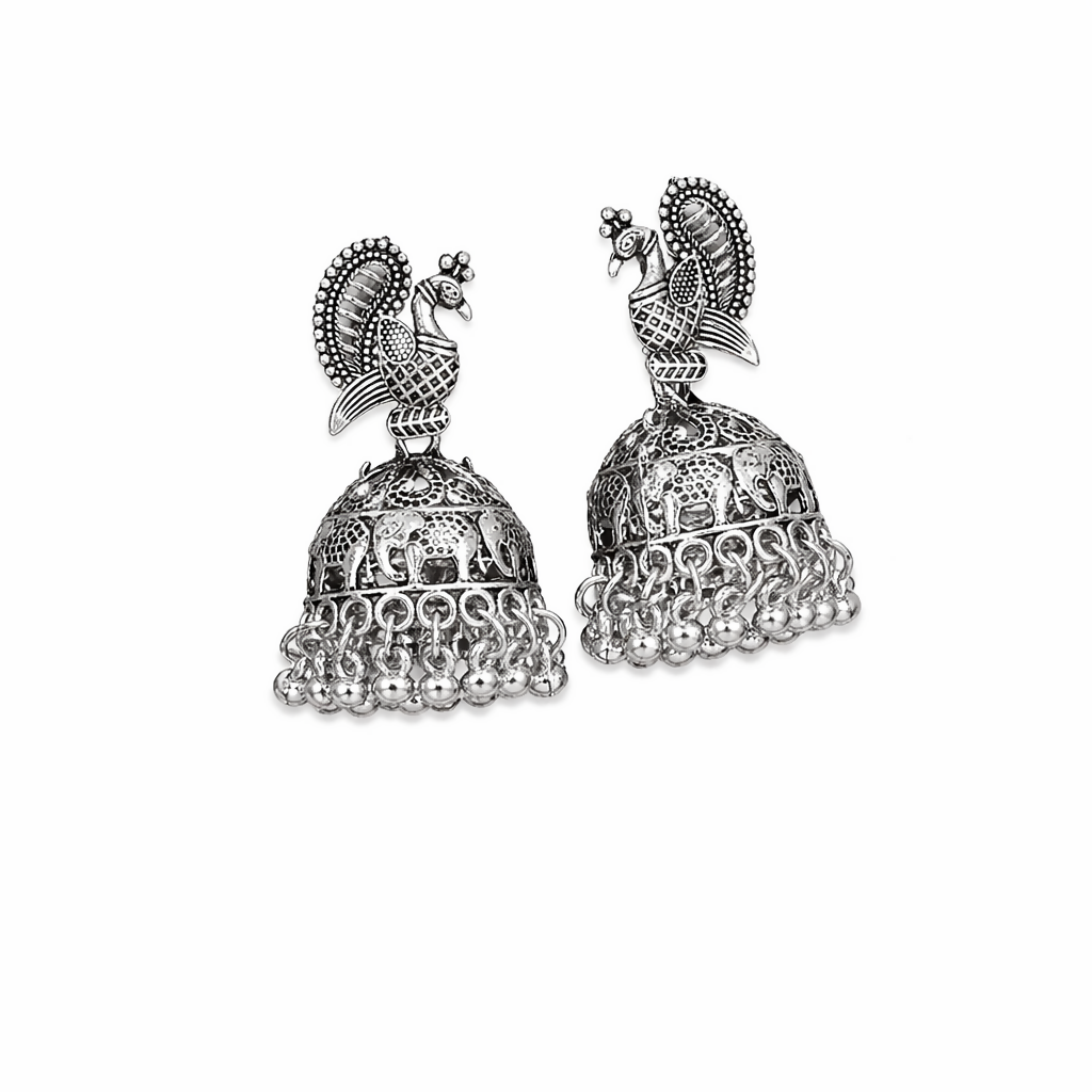 Handcrafted Oxidised Silver Peacock Jhumka Earrings – Traditional Ethnic Jewelry - Detailed Feature View 2