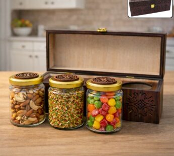 Handcrafted Wooden Dry Fruit & Snack Organizer Box with 3 Glass Jars
