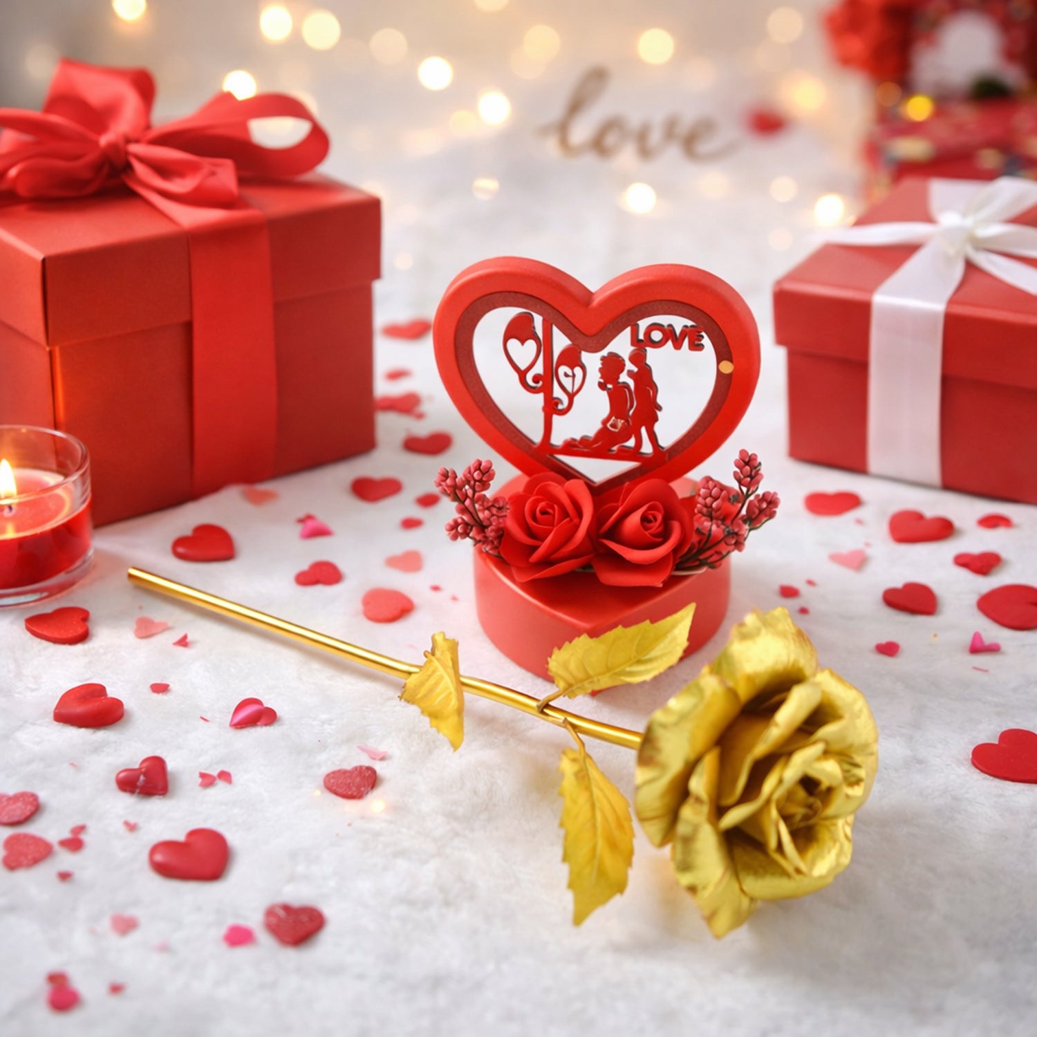 Premium Heart Love Decorative Showpiece – Elegant Golden Rose Gift Set - Buy Online at Alikart
