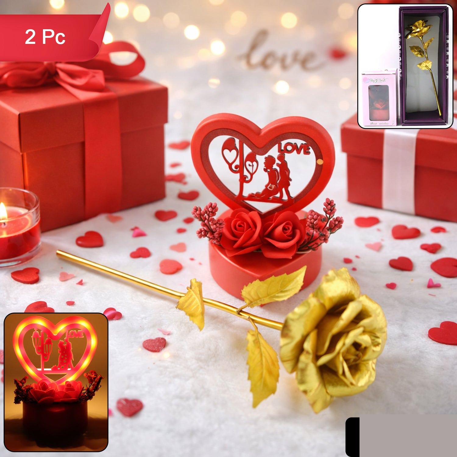 Heart Love Decorative Showpiece – Elegant Golden Rose Gift Set - Detailed Feature View 1