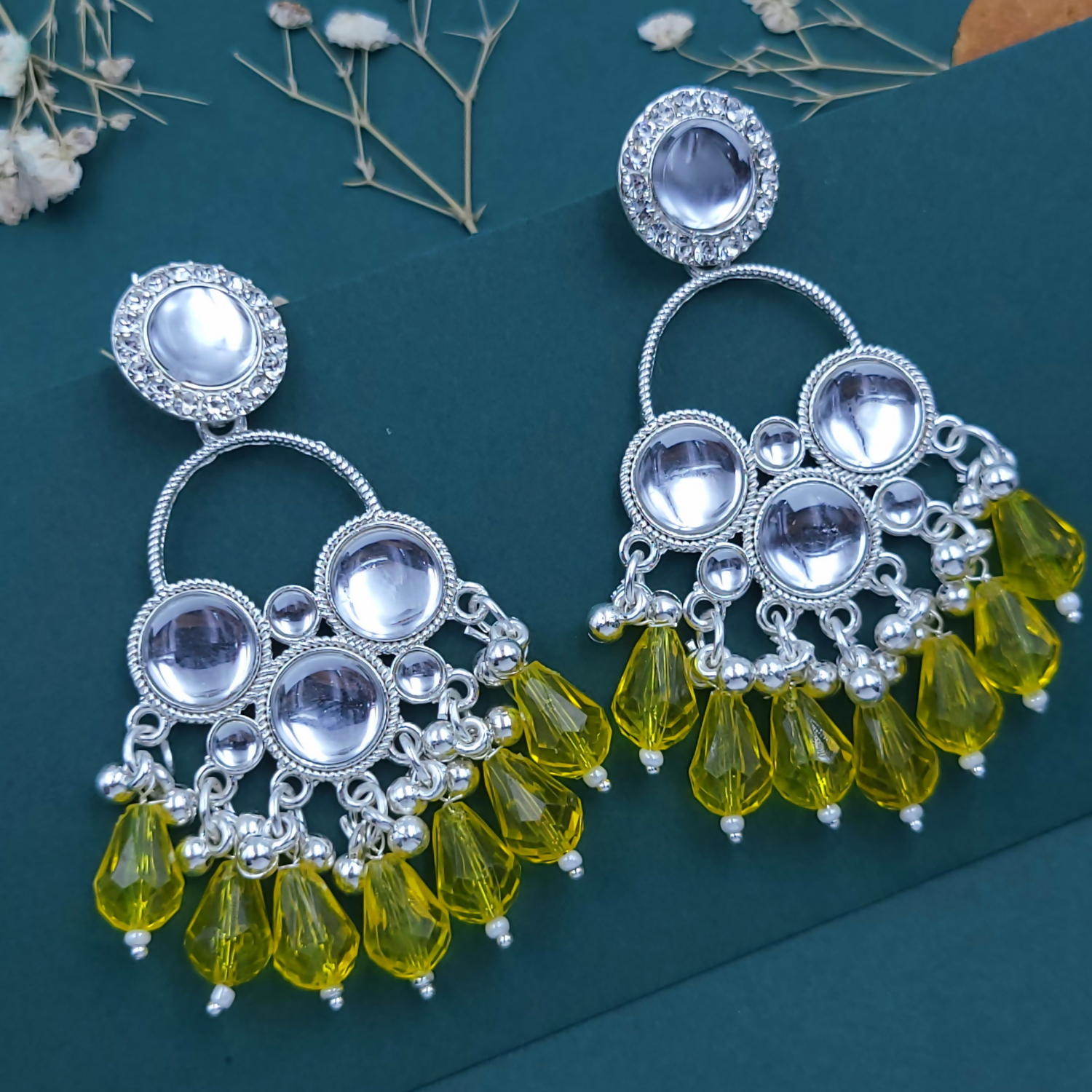 Premium Kundan Chandbali Earrings – Yellow Pearl Silver Plated Elegance - Buy Online at Alikart