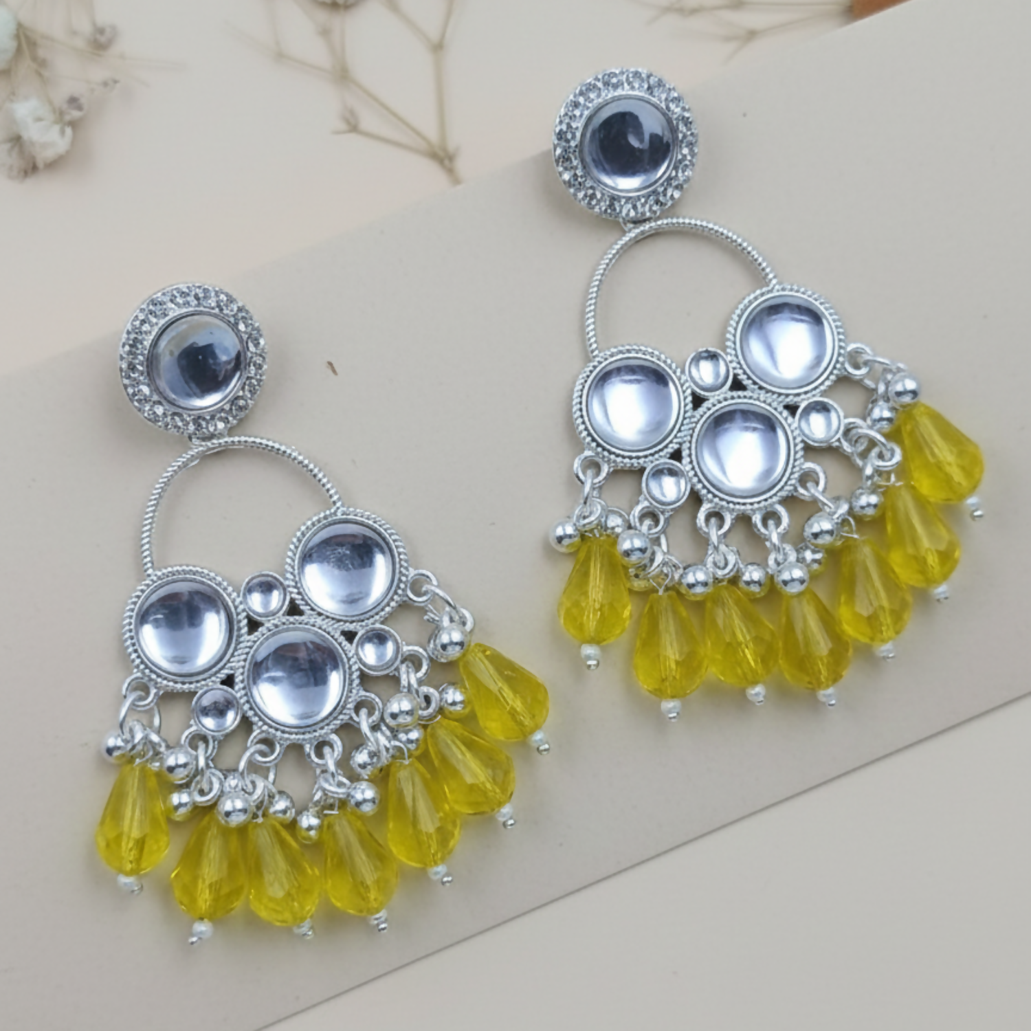 Kundan Chandbali Earrings – Yellow Pearl Silver Plated Elegance - Detailed Feature View 1