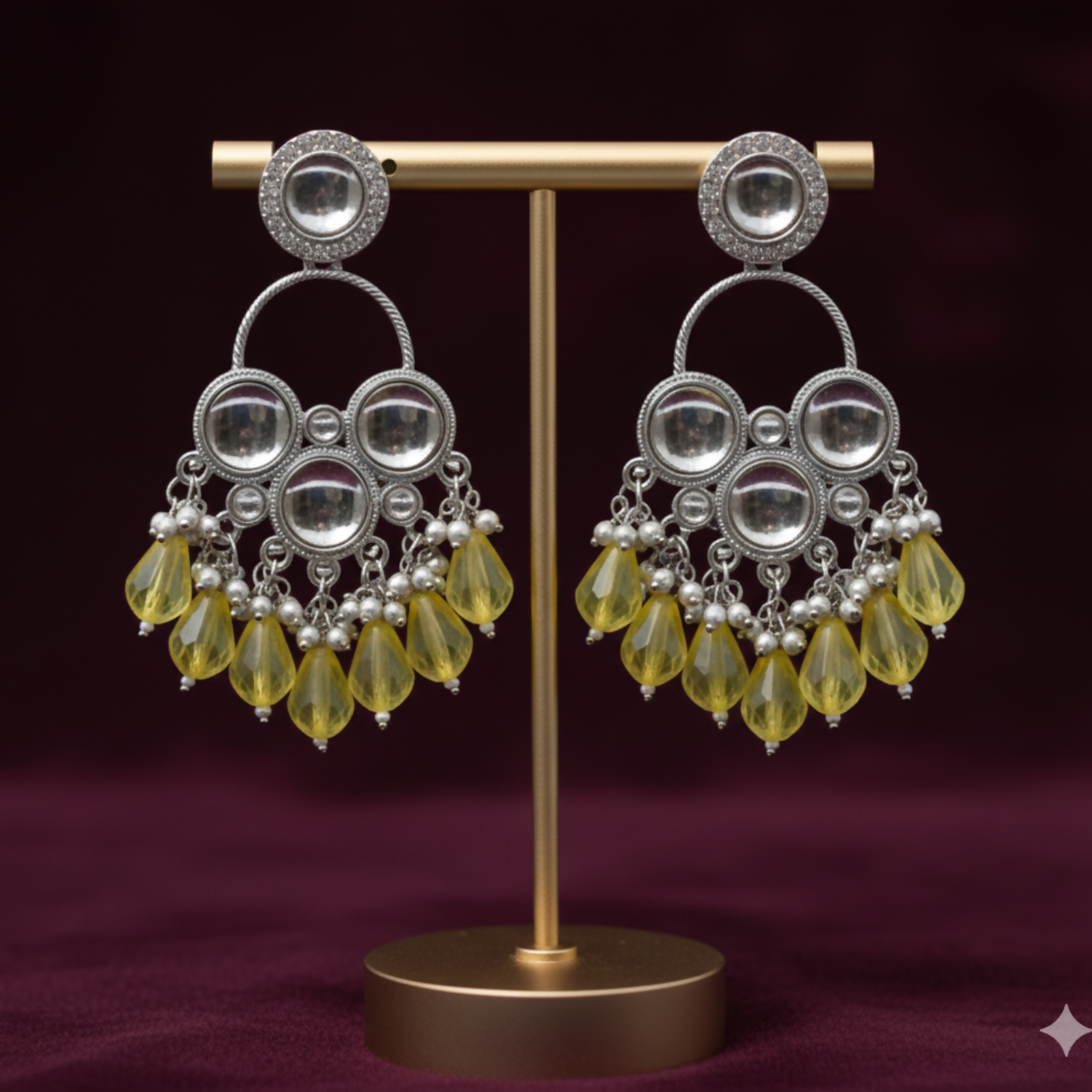 Kundan Chandbali Earrings – Yellow Pearl Silver Plated Elegance - Detailed Feature View 2