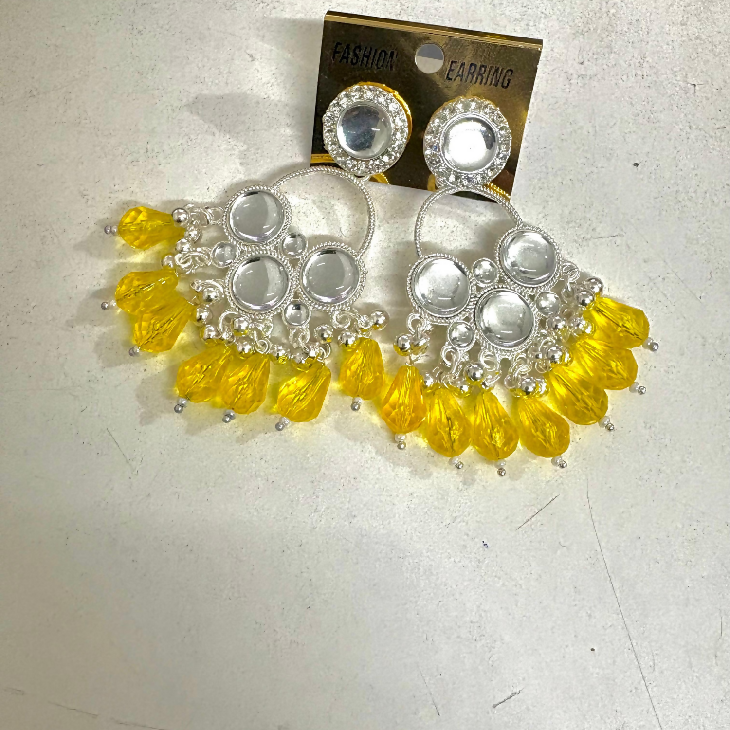 Kundan Chandbali Earrings – Yellow Pearl Silver Plated Elegance - Detailed Feature View 3