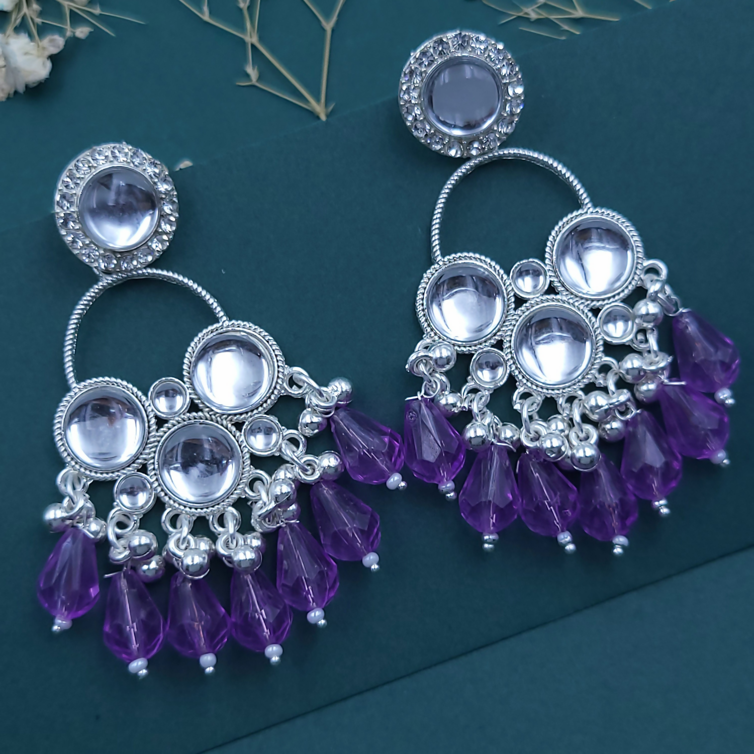 Premium Kundan Silver Plated Chandbali Earrings – Elegant Purple Pearls - Buy Online at Alikart