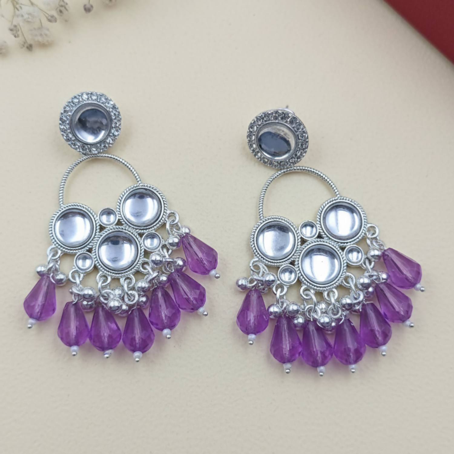 Kundan Silver Plated Chandbali Earrings – Elegant Purple Pearls - Detailed Feature View 1