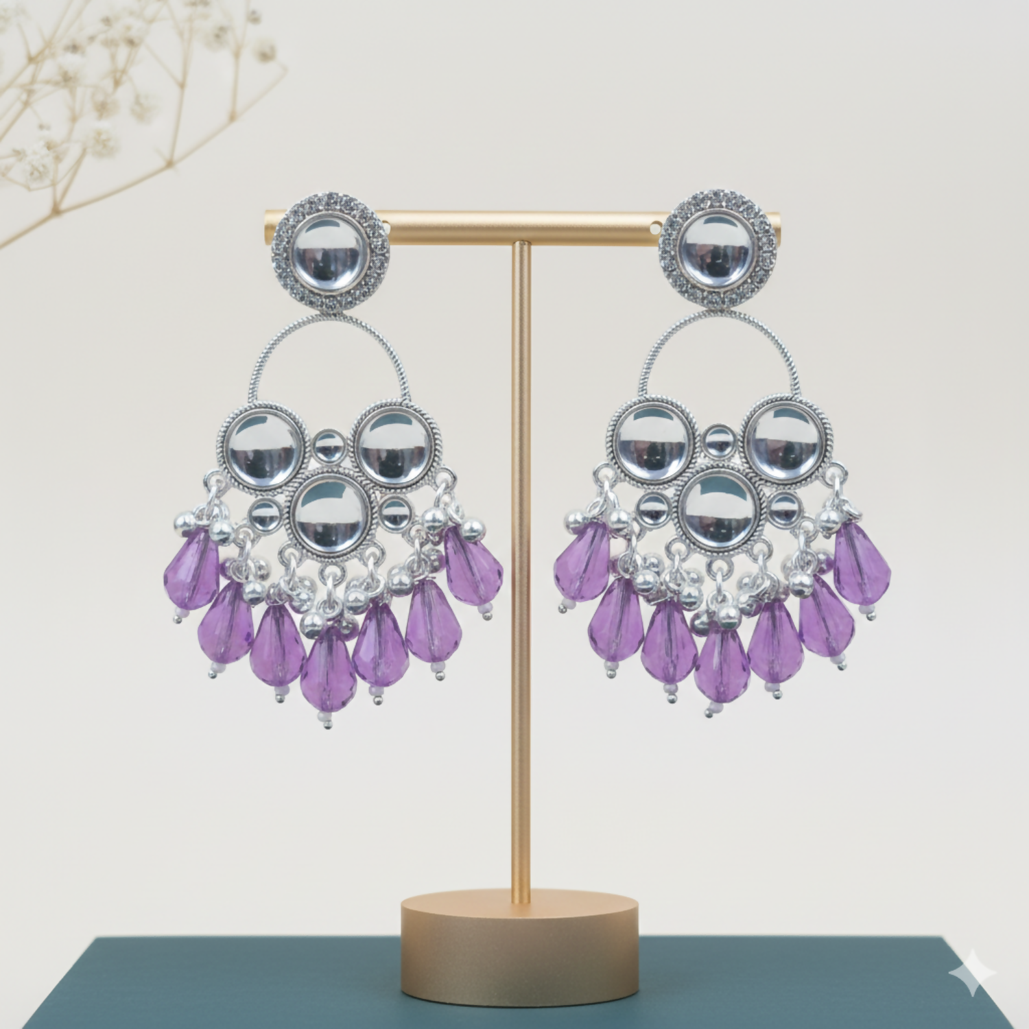 Kundan Silver Plated Chandbali Earrings – Elegant Purple Pearls - Detailed Feature View 2