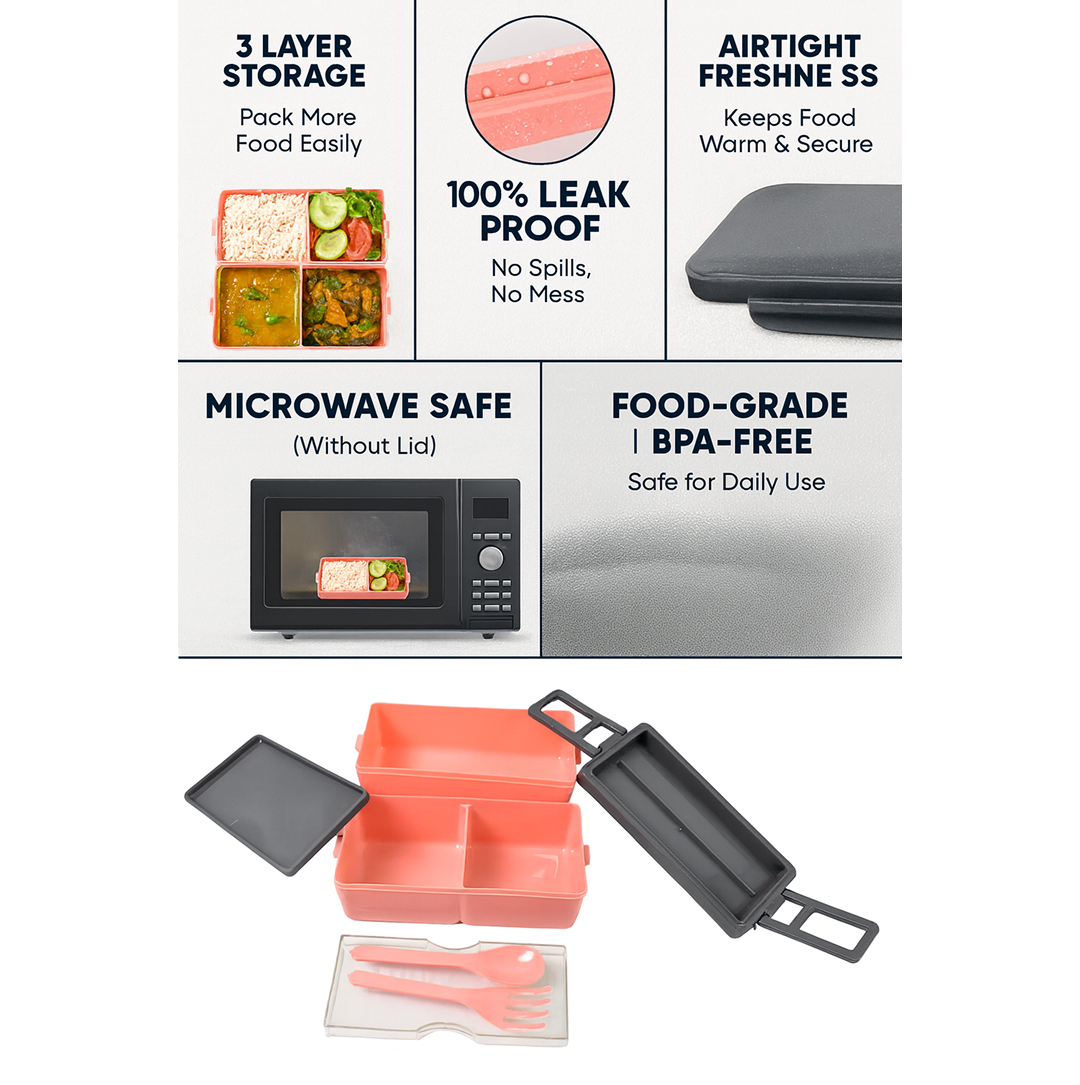Leak-Proof Lunch Box – 2 Layer 3 Compartment | Lunchie Bunchie - Detailed Feature View 3