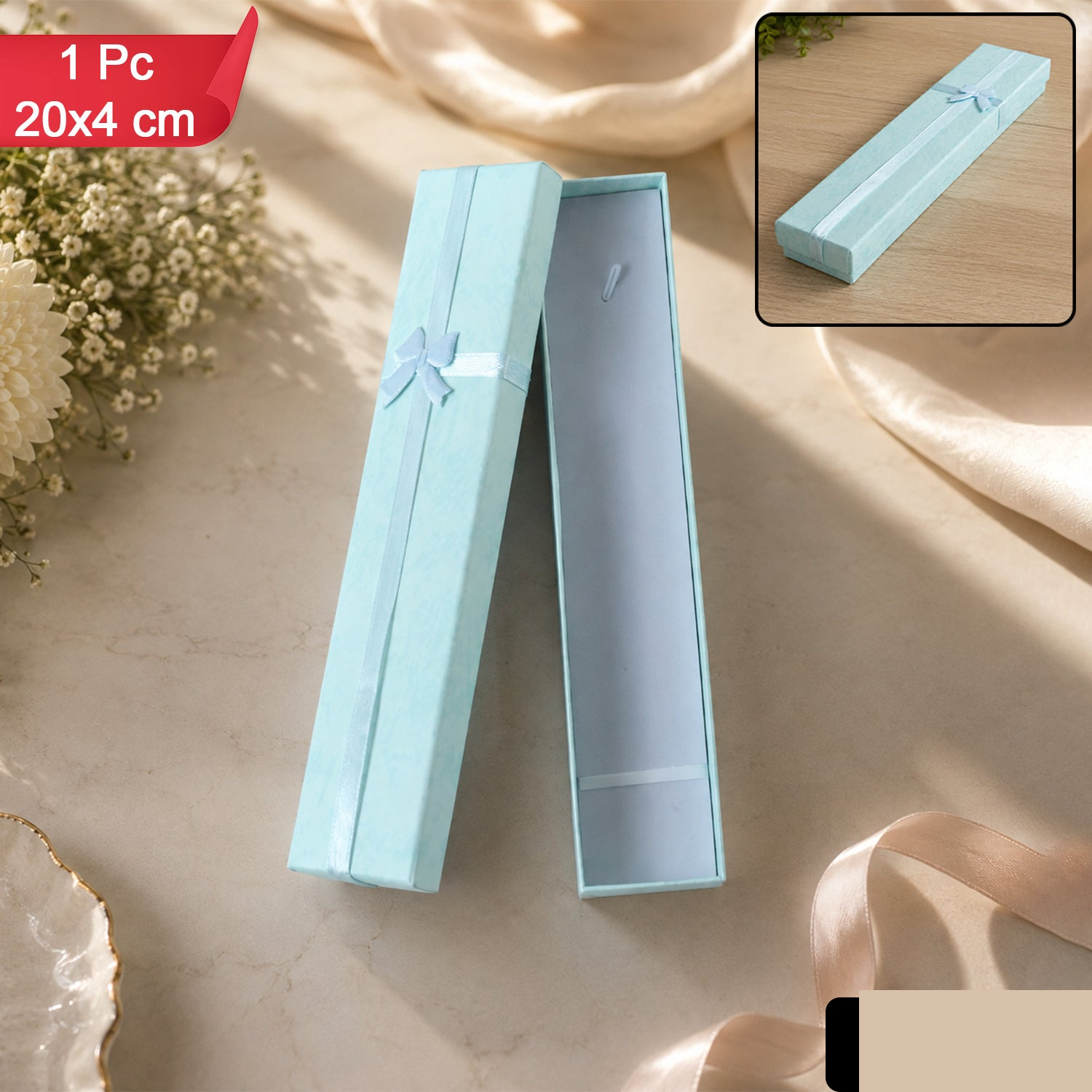 Long Rectangular Paper Empty Gift Box with Bow for Jewellery and Gifting - Detailed Feature View 1