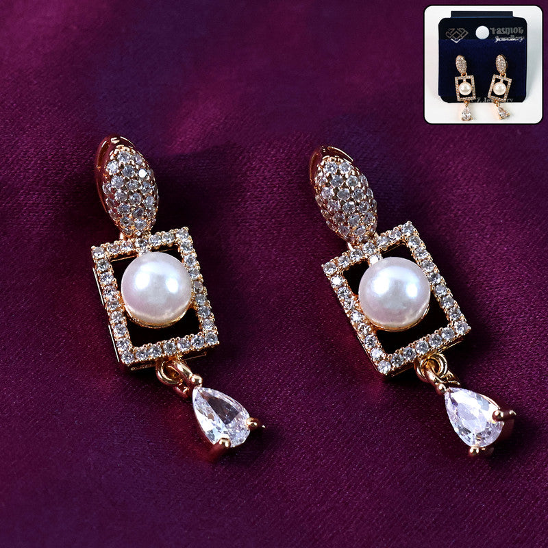 Premium Lustrous Pearl & Cubic Zirconia Geometric Drop Earrings for Women - Buy Online at Alikart